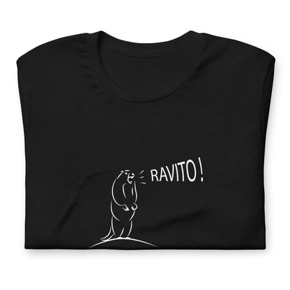 T-shirt unisexe Sortie Longue noir plié, design Marmotte Ravito minimaliste et “RAVITO!”, visuel produit net, inspiration ravitaillement trail running montagne.