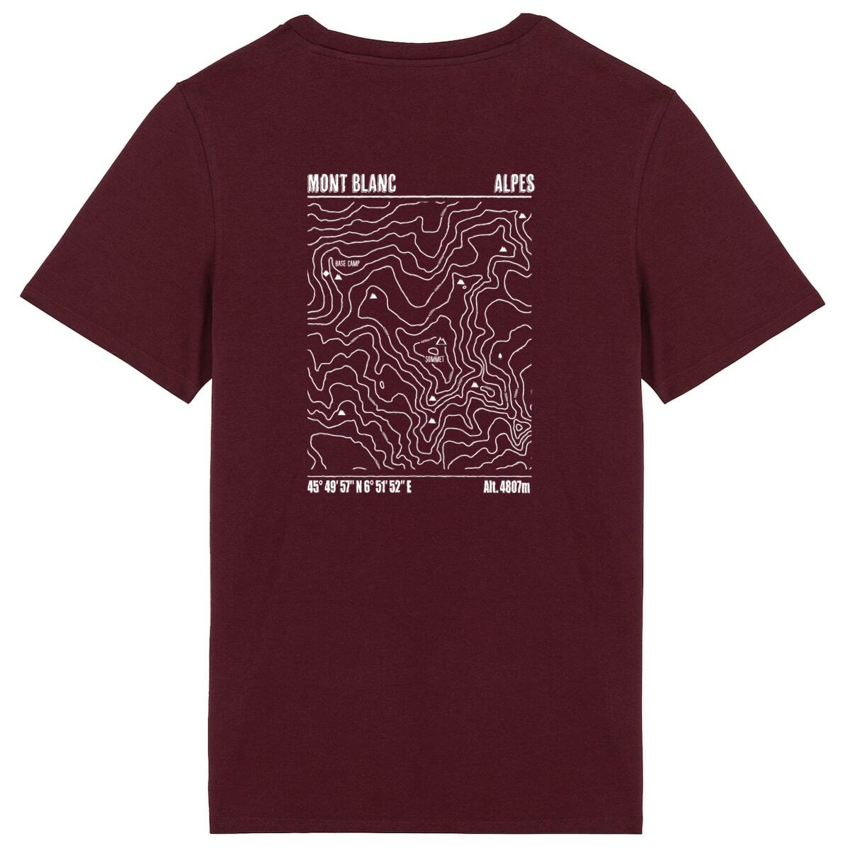 T-shirt unisexe Sortie Longue bordeaux, vue du dos sur fond blanc, impression carte topographique du Mont Blanc, motif relief et courbes de niveau; tenue pour rando, trek et trail.
