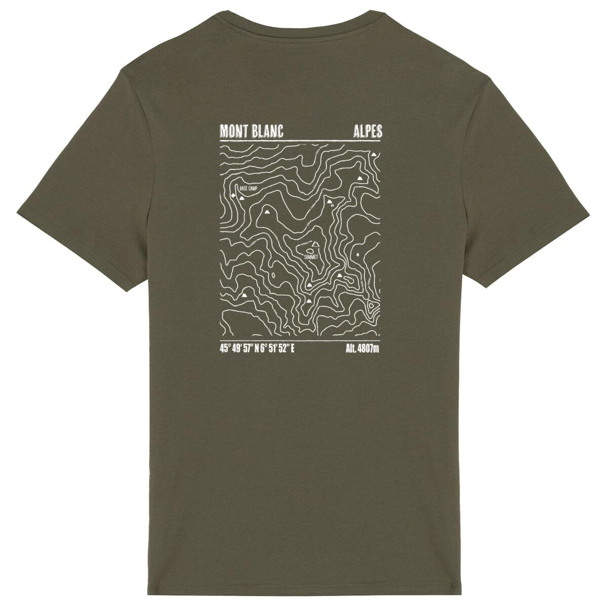 T-shirt unisexe Sortie Longue kaki, vue du dos sur fond blanc, carte topographique du Mont Blanc imprimée, lignes fines/courbes de niveau; design montagne, massif, altitude.