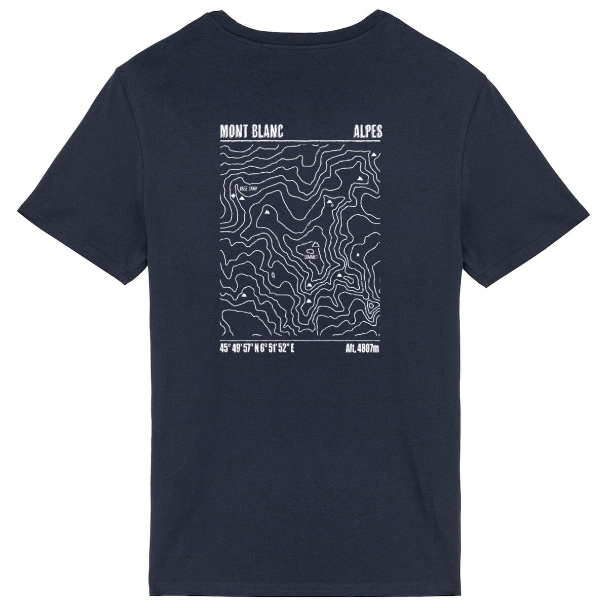 T-shirt unisexe Sortie Longue bleu marine, vue du dos sur fond blanc, carte topo Mont Blanc imprimée en lignes fines, courbes de niveau; design massif alpin pour trail et randonnée.