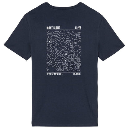T-shirt unisexe Sortie Longue bleu marine, vue du dos sur fond blanc, carte topo Mont Blanc imprimée en lignes fines, courbes de niveau; design massif alpin pour trail et randonnée.