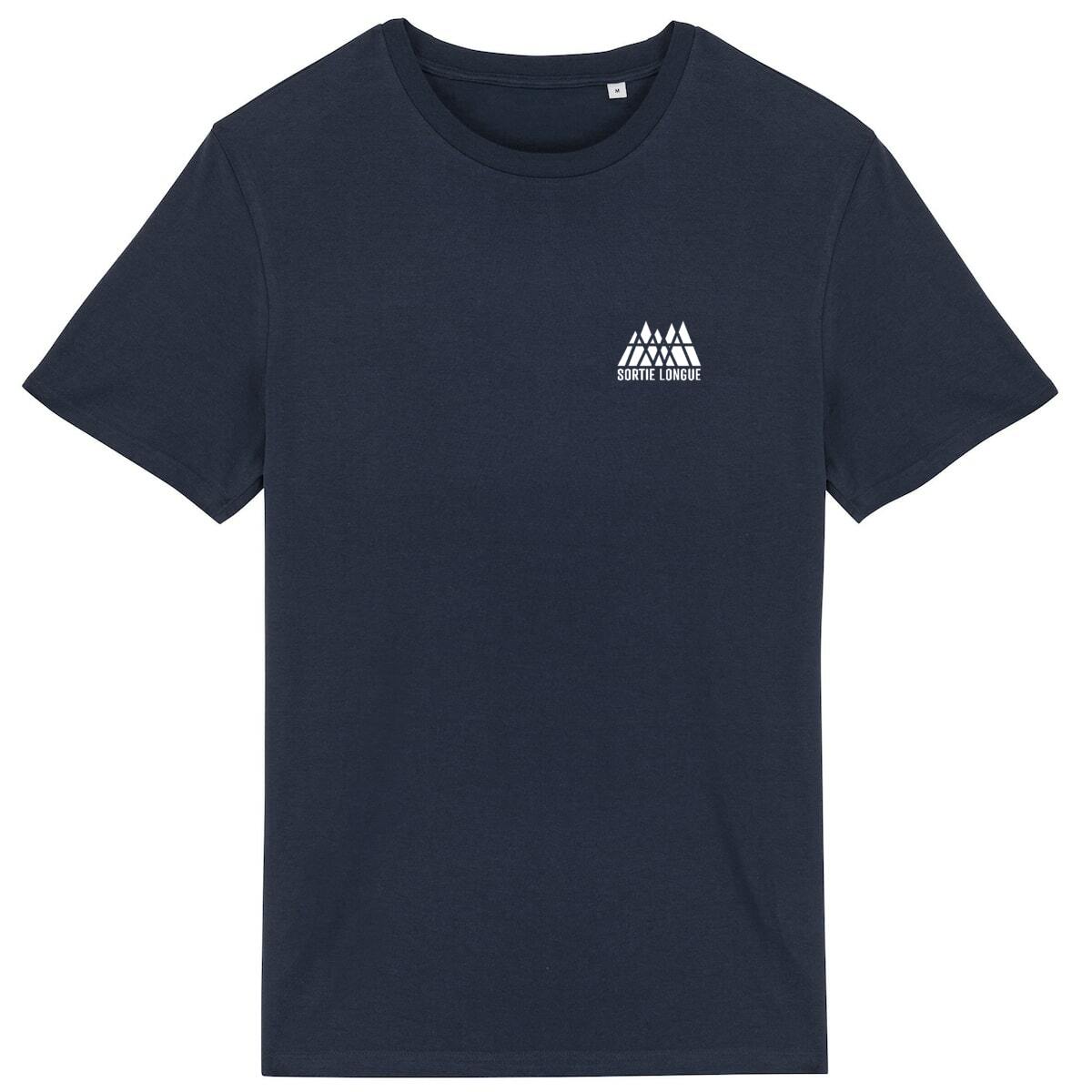 T-shirt unisexe Sortie Longue bleu marine, vue de face sur fond blanc, petit logo poitrine; design carte topographique du Mont Blanc au dos, t-shirt sobre pour dehors et montagne.