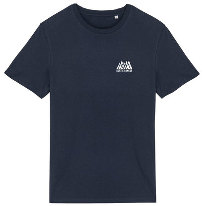 T-shirt unisexe Sortie Longue bleu marine, vue de face sur fond blanc, petit logo poitrine; design carte topographique du Mont Blanc au dos, t-shirt sobre pour dehors et montagne.