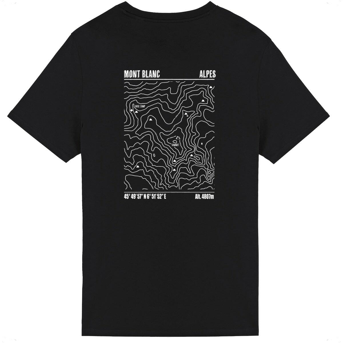 T-shirt unisexe Sortie Longue noir, vue du dos sur fond blanc, impression carte topo Mont Blanc en lignes fines et courbes de niveau, motif relief/altitude pour randonnée, trekking et ultra-trail.