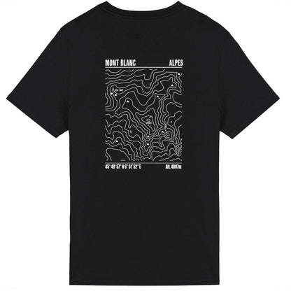 T-shirt unisexe Sortie Longue noir, vue du dos sur fond blanc, impression carte topo Mont Blanc en lignes fines et courbes de niveau, motif relief/altitude pour randonnée, trekking et ultra-trail.