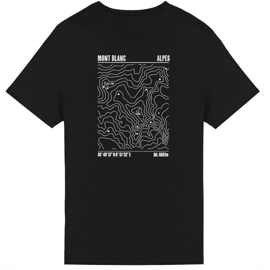 T-shirt unisexe Sortie Longue noir, vue du dos sur fond blanc, impression carte topo Mont Blanc en lignes fines et courbes de niveau, motif relief/altitude pour randonnée, trekking et ultra-trail.