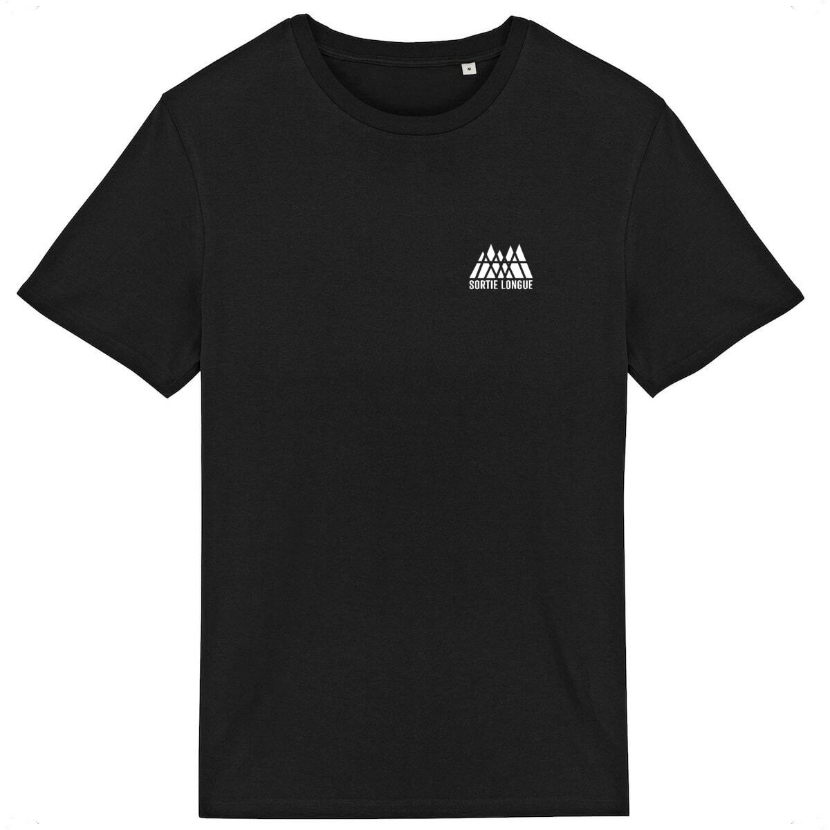 T-shirt unisexe Sortie Longue noir, vue de face sur fond blanc, petit logo poitrine côté cœur; design principal carte topographique du Mont Blanc imprimé au dos, porté avant départ ou au retour.
