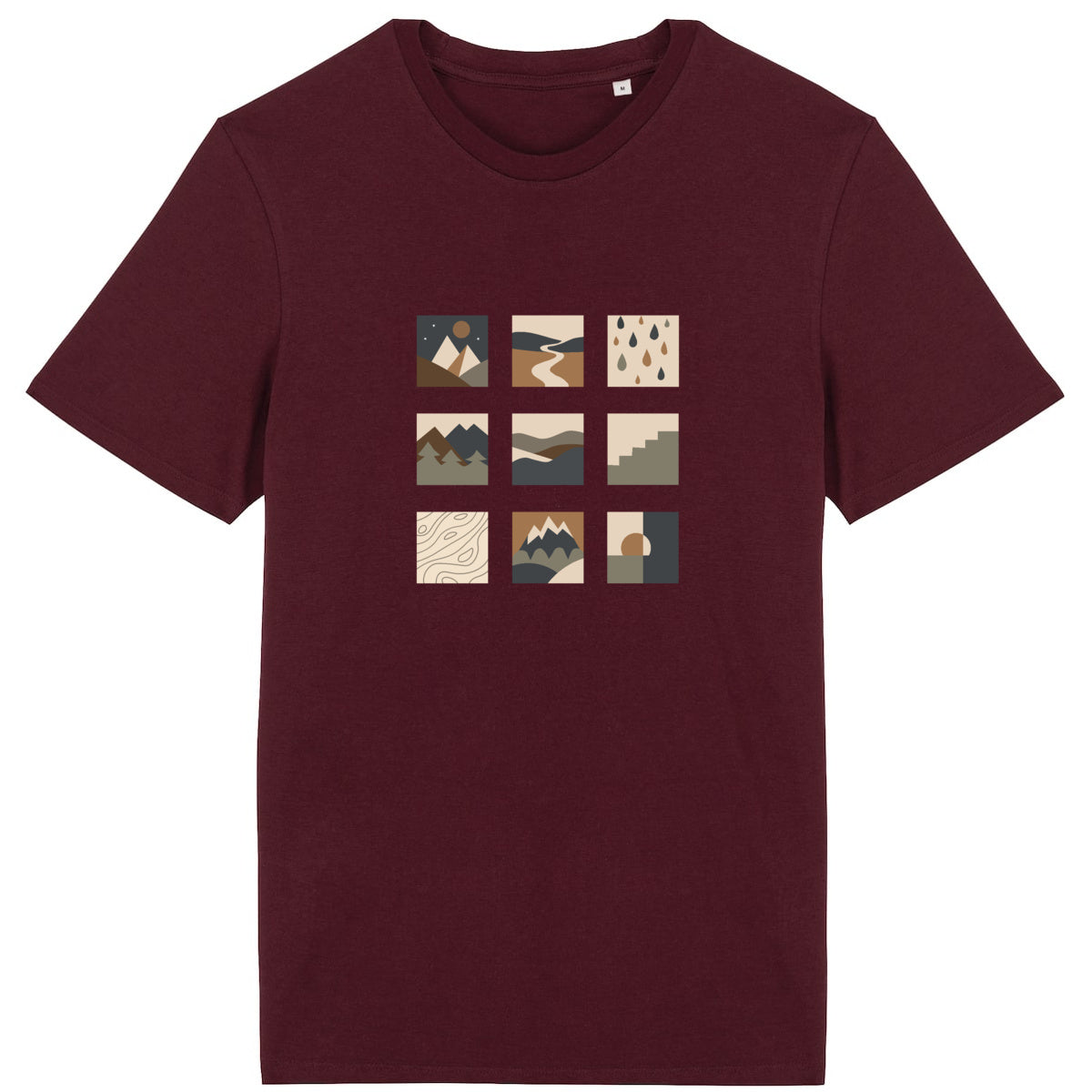 T-shirt unisexe bordeaux Sortie Longue présenté à plat, motif central en pictogrammes paysage. Illustration sobre inspirée du dehors.