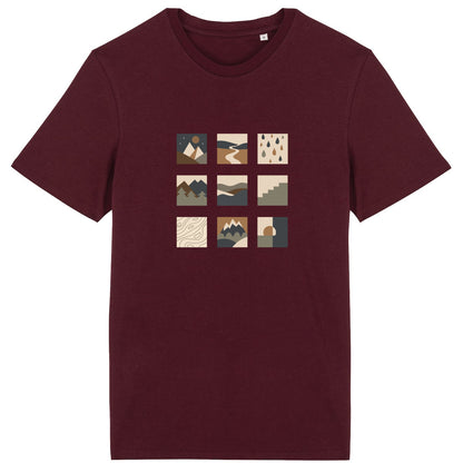 T-shirt unisexe bordeaux Sortie Longue présenté à plat, motif central en pictogrammes paysage. Illustration sobre inspirée du dehors.