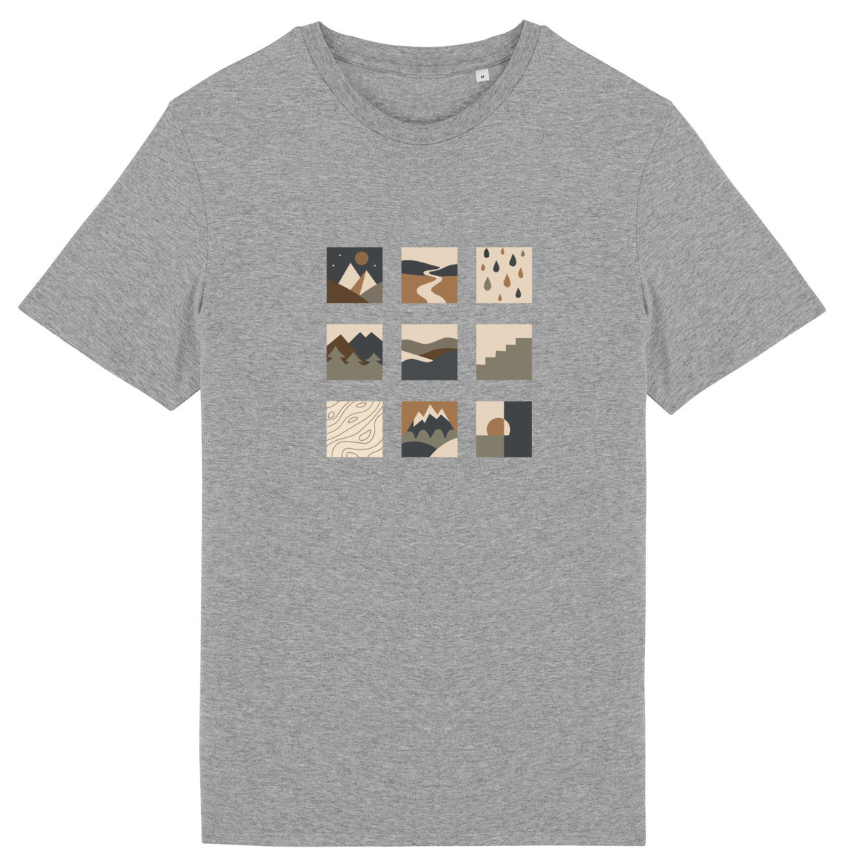 T-shirt unisexe gris chiné Sortie Longue présenté à plat, motif graphique en grille de pictogrammes terrain. Design abstrait inspiré de la nature.