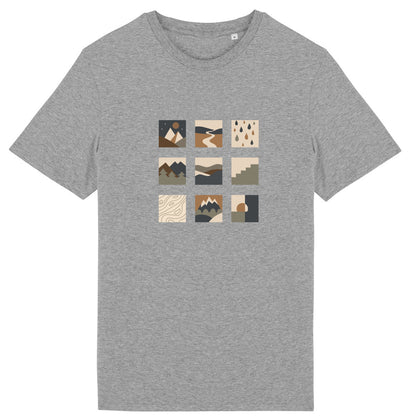 T-shirt unisexe gris chiné Sortie Longue présenté à plat, motif graphique en grille de pictogrammes terrain. Design abstrait inspiré de la nature.