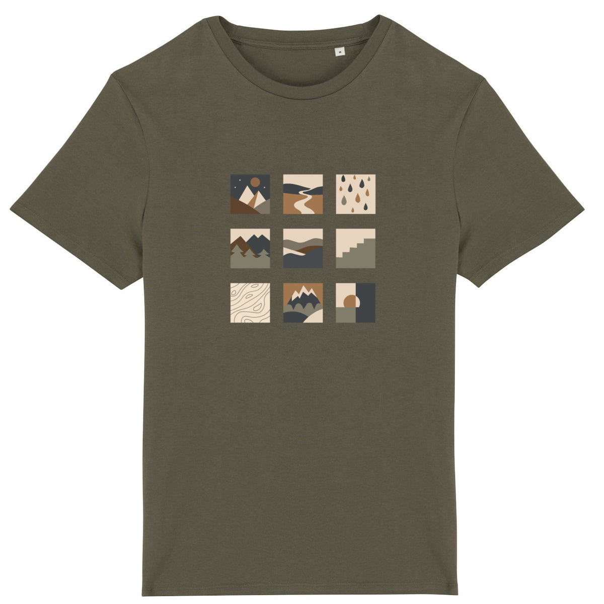 T-shirt unisexe kaki Sortie Longue présenté à plat, motif central en pictogrammes inspirés du paysage. Lecture graphique calme et structurée.