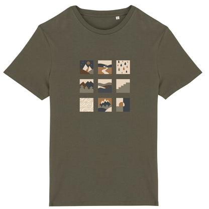 T-shirt unisexe kaki Sortie Longue présenté à plat, motif central en pictogrammes inspirés du paysage. Lecture graphique calme et structurée.