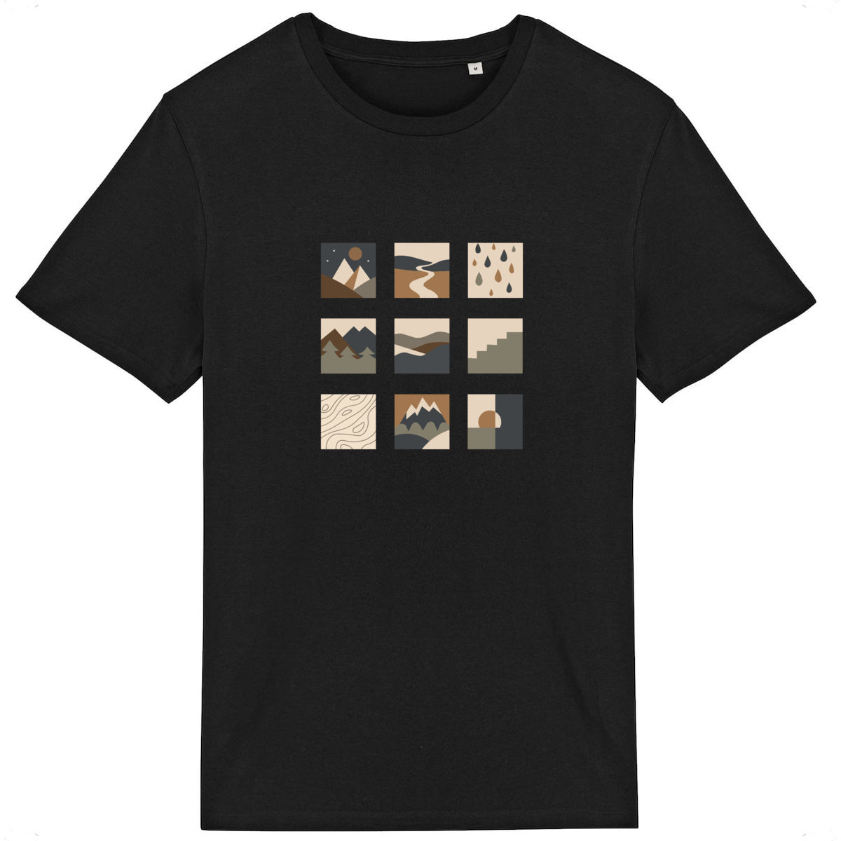 T-shirt unisexe noir Sortie Longue présenté à plat, motif central composé de neuf pictogrammes paysage. Illustration graphique abstraite.