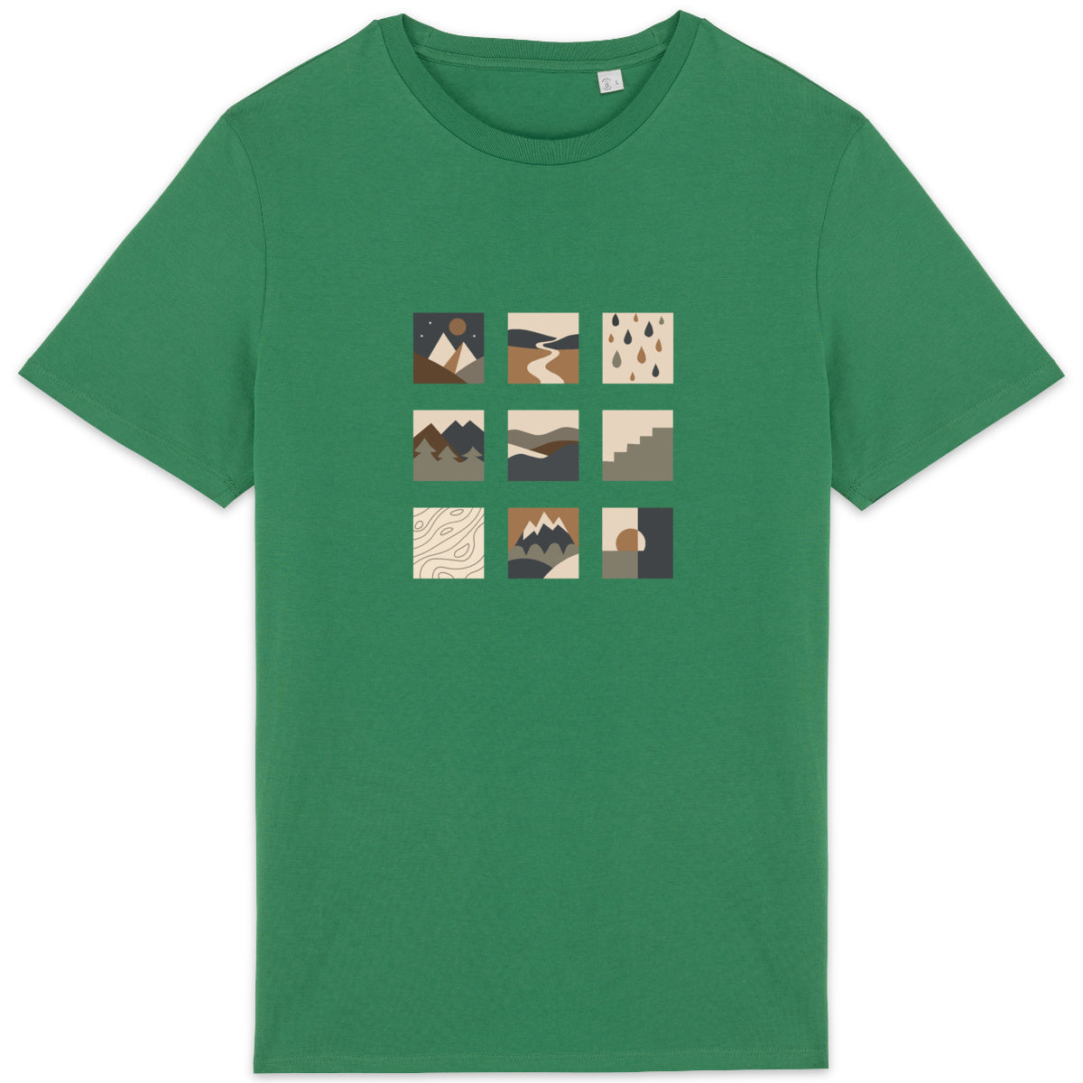 T-shirt unisexe vert Sortie Longue présenté à plat, motif central en grille de pictogrammes terrain. Illustration abstraite inspirée du paysage et du relief.