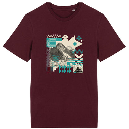 T-shirt unisexe Sortie Longue bordeaux présenté à plat, motif central mêlant photographie de montagne et formes abstraites. Illustration graphique calme.