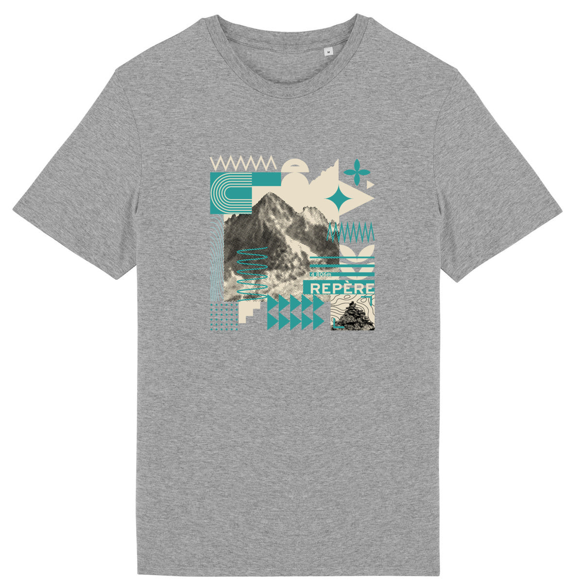 T-shirt unisexe Sortie Longue gris chiné présenté à plat, motif graphique central « Repère » associant relief tramé et symboles directionnels.