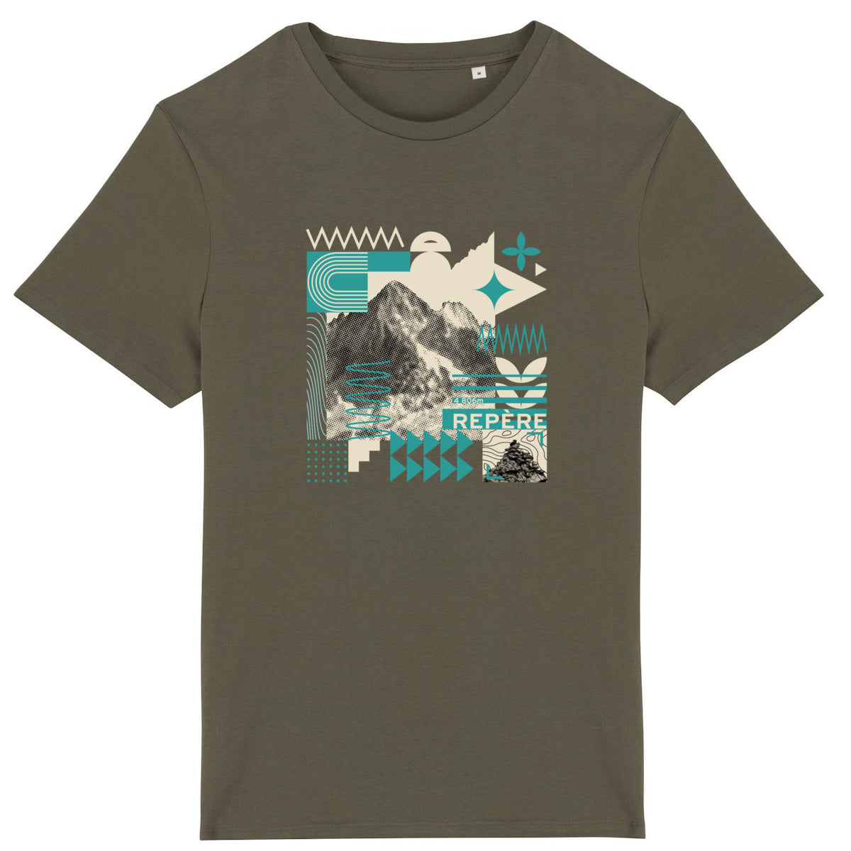 T-shirt unisexe Sortie Longue kaki présenté à plat, motif central inspiré de la lecture du terrain, composition graphique abstraite et structurée.