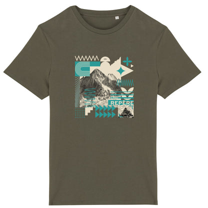 T-shirt unisexe Sortie Longue kaki présenté à plat, motif central inspiré de la lecture du terrain, composition graphique abstraite et structurée.