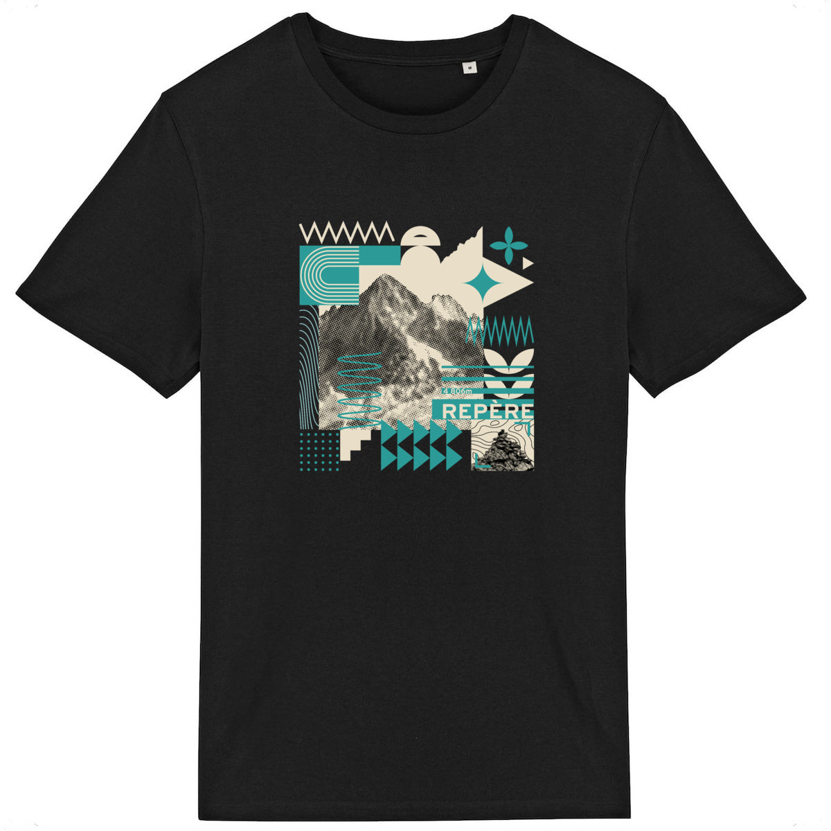 T-shirt unisexe Sortie Longue noir présenté à plat, motif central « Repère » composé d’une image de montagne et d’éléments graphiques géométriques.