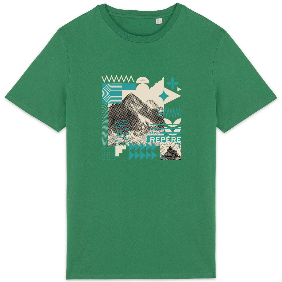 T-shirt unisexe Sortie Longue vert présenté à plat, motif central « Repère » associant photo de montagne tramée et formes graphiques abstraites.