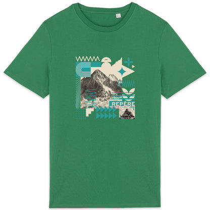 T-shirt unisexe Sortie Longue vert présenté à plat, motif central « Repère » associant photo de montagne tramée et formes graphiques abstraites.