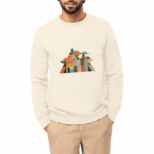 Sweat coton bio Sortie Longue col rond avec design montagne géométrique et nature