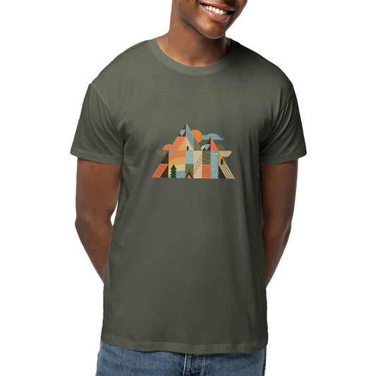 T-shirt coton bio unisexe Sortie Longue avec design géométrique montagne, soleil et nature