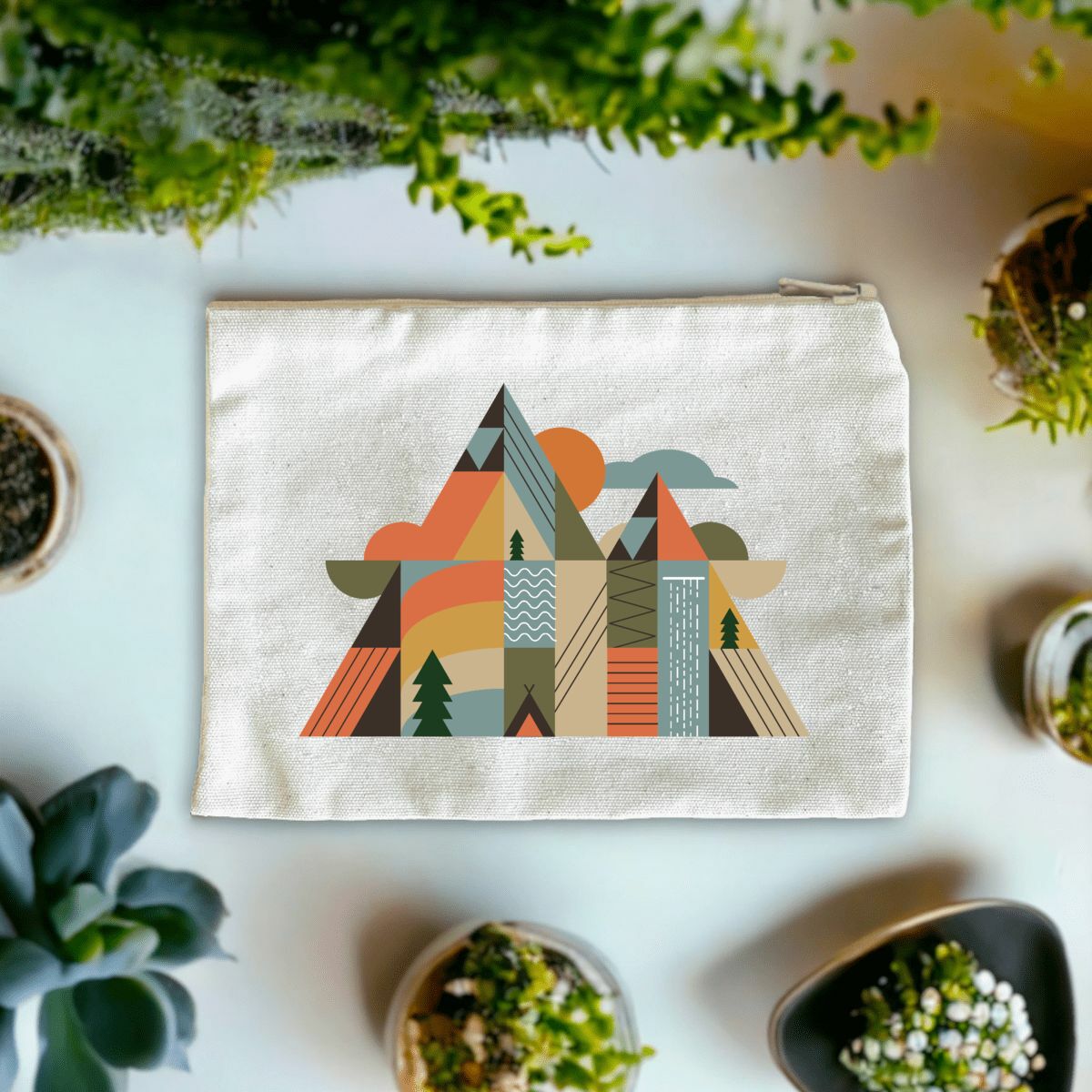 Pochette en coton recyclé Sortie Longue avec design géométrique montagne et nature