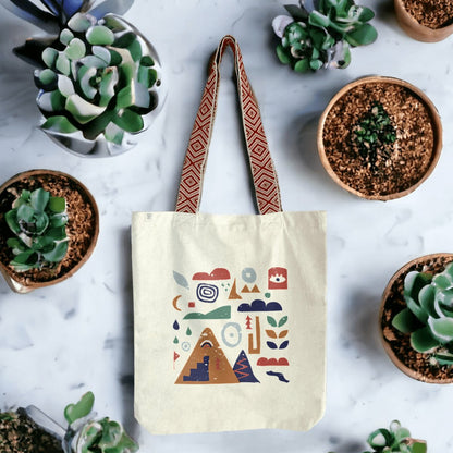 Tote bag recyclé Nature & Dénivelé – design montagnes et sentiers colorés.