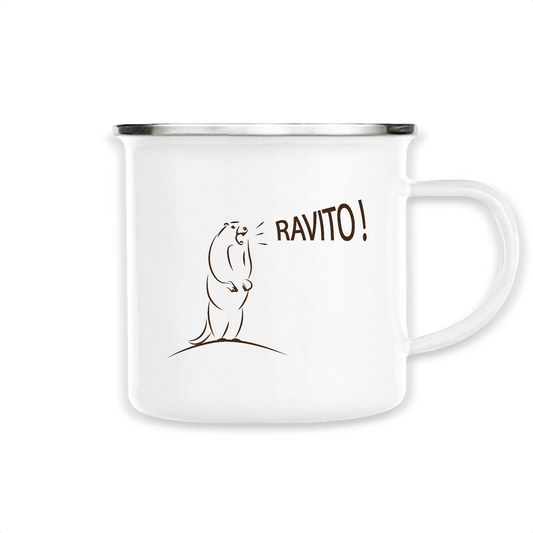 Mug métal 300ml Sortie Longue avec enrobage de peinture émaillée et design de marmotte criant Ravito ! - Blanc