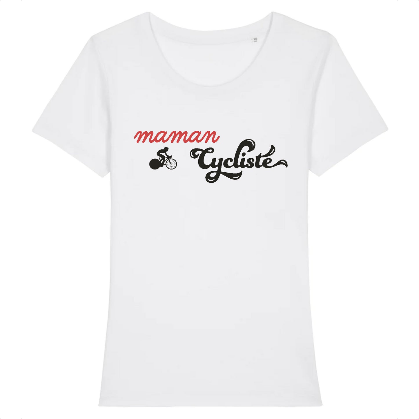 Blanc - Le t-shirt "Maman Cycliste" en coton bio est un hommage à toutes les mamans passionnées de vélo, avec son design captivant mettant en avant le mot "Maman" en manuscrit rouge, une silhouette gracieuse de cycliste et le mot "Cycliste" en typographie vintage bleu foncé.