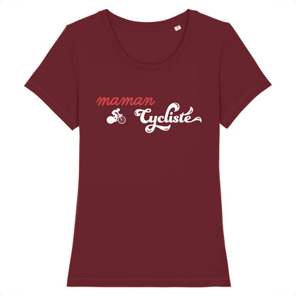 Bordeaux - Notre t-shirt "Maman Cycliste" en coton bio est le choix parfait pour les mamans qui aiment pédaler, avec son design captivant mettant en avant le mot "Maman" en manuscrit rouge, une silhouette élégante de cycliste et le mot "Cycliste" en typographie vintage blanche.