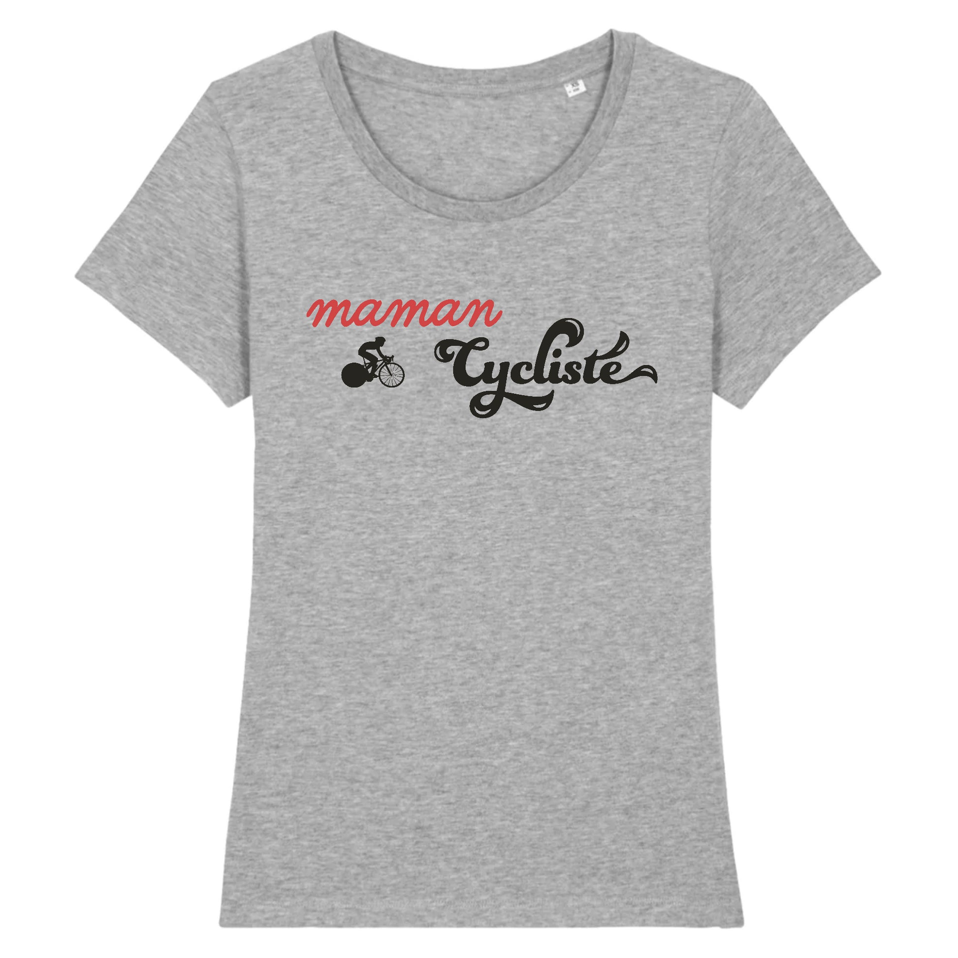Gris - Le t-shirt "Maman Cycliste" en coton bio est un symbole de détermination maternelle et de passion pour le vélo, avec son design unique mettant en avant le mot "Maman" en manuscrit rouge, une silhouette de cycliste en pleine action et le mot "Cycliste" en typographie vintage bleu foncé.