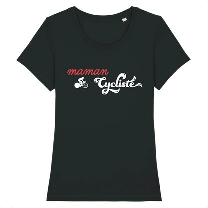 Noir - Notre t-shirt "Maman Cycliste" en coton bio célèbre la force et l'énergie des mamans cyclistes, avec son design original mettant en avant le mot "Maman" en manuscrit rouge, une silhouette dynamique de cycliste et le mot "Cycliste" en typographie vintage bleu foncé.