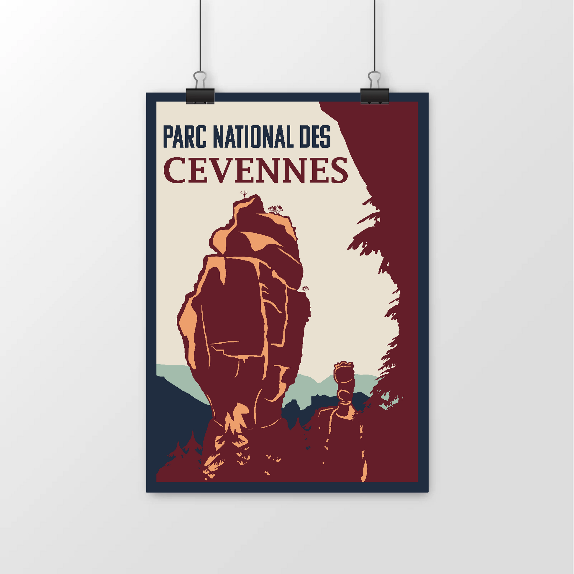 Poster Parc national des Cévennes Sortie Longue suspendu sur fond neutre ; illustration roches emblématiques Vase de Chine et Vase de Sèvre, affiche à encadrer, idée cadeau rando.
