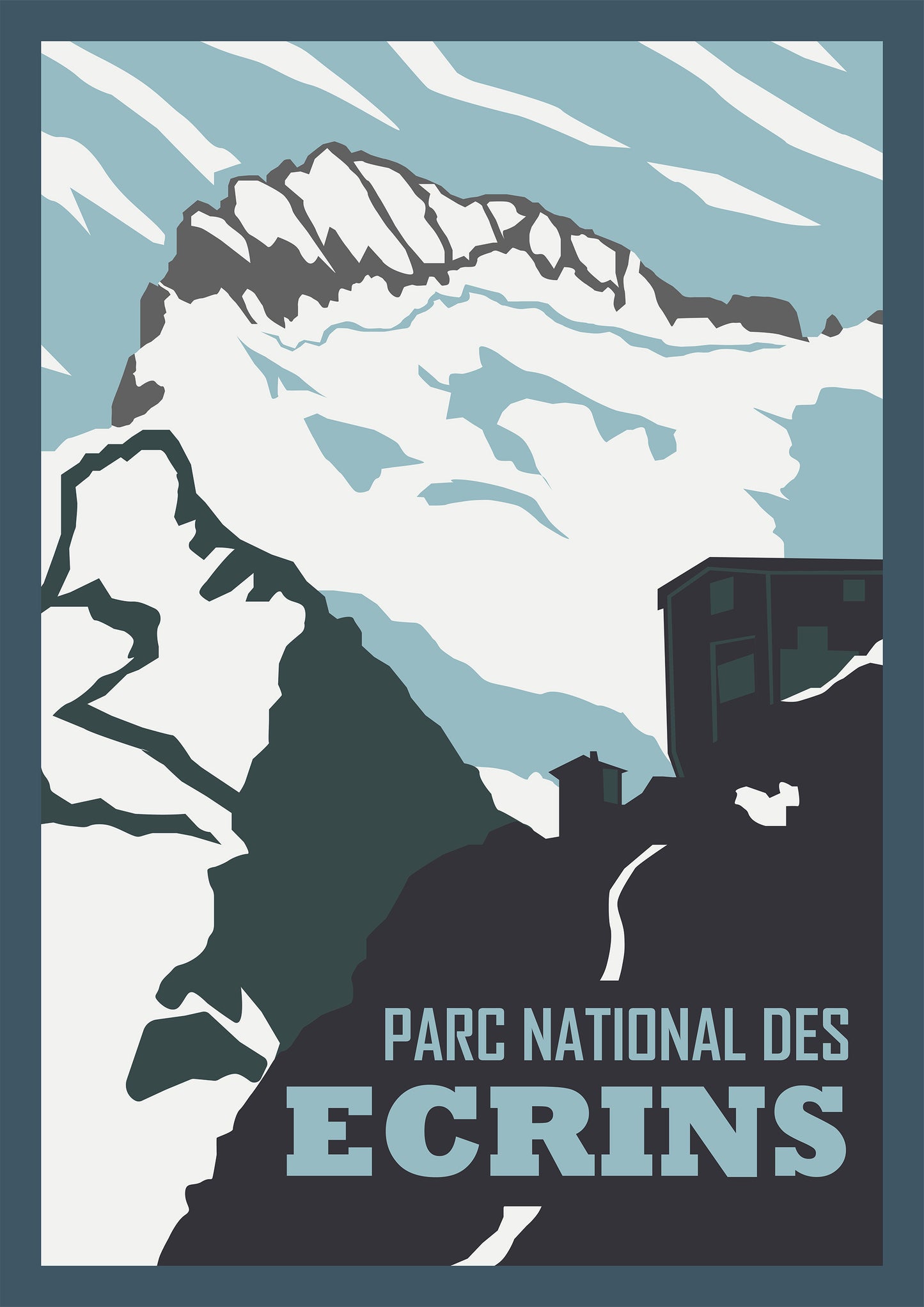 Visuel de l’affiche Parc national des Écrins Sortie Longue ; poster montagne et sommets, design graphique vintage, idée cadeau nature à offrir.