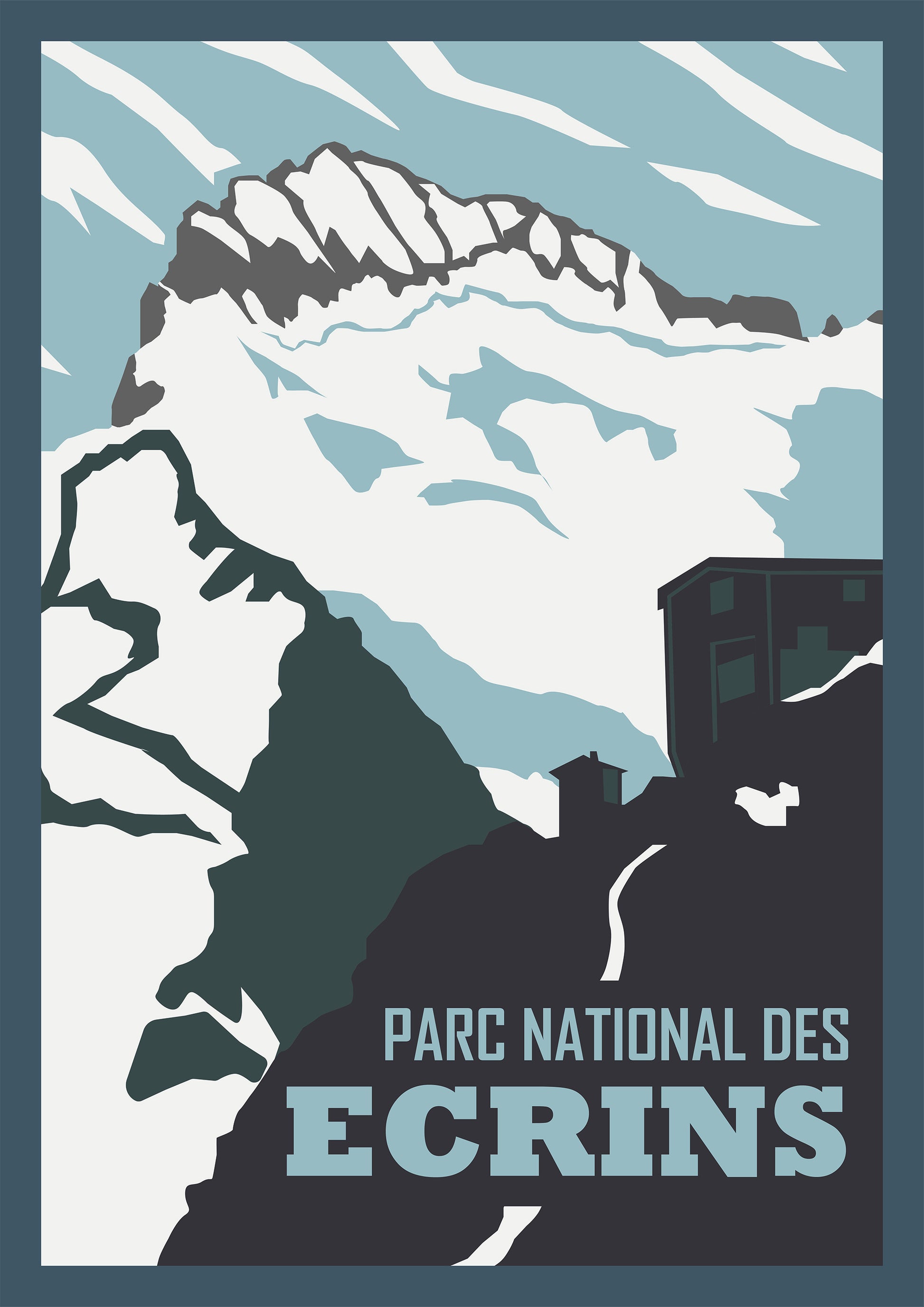 Visuel de l’affiche Parc national des Écrins Sortie Longue ; poster montagne et sommets, design graphique vintage, idée cadeau nature à offrir.