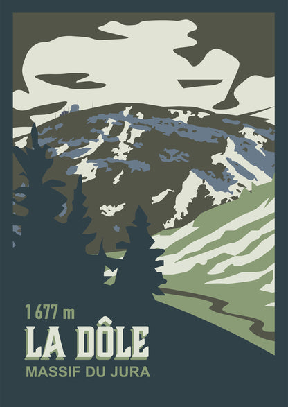Gros plan sur le design “La Dôle” : poster montagne Jura Sortie Longue avec reliefs, forêts et ciel en aplats, affiche déco murale minimaliste pour amoureux de sommets et rando.