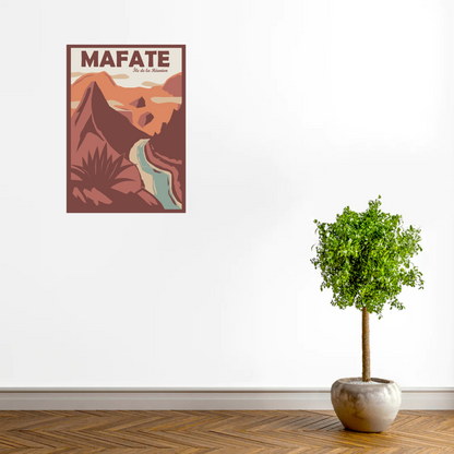 Poster Cirque de Mafate Sortie Longue sur mur blanc avec arbre en pot ; affiche voyage La Réunion, décoration murale exotique et montagne, idée cadeau nature.