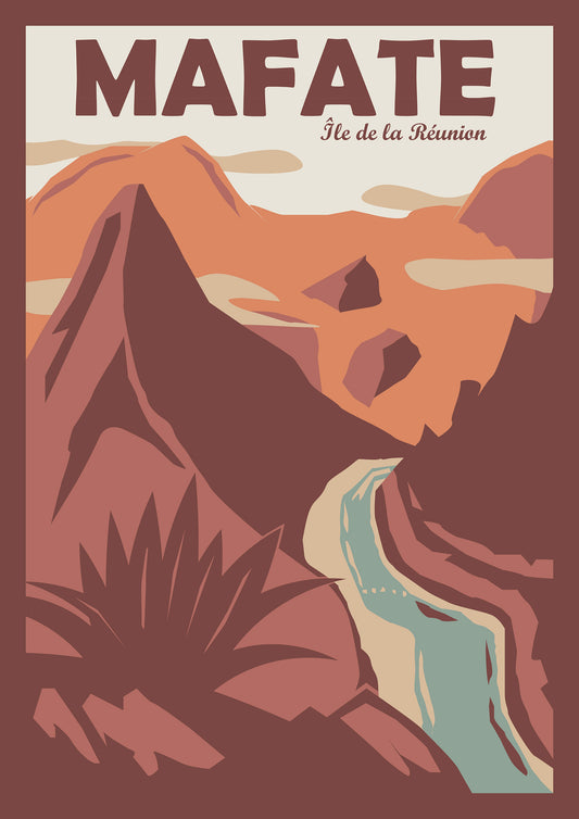 Visuel du poster Mafate Sortie Longue ; affiche Cirque de Mafate (île de la Réunion) aux tons chauds, reliefs et vallée, style vintage, cadeau randonneur.