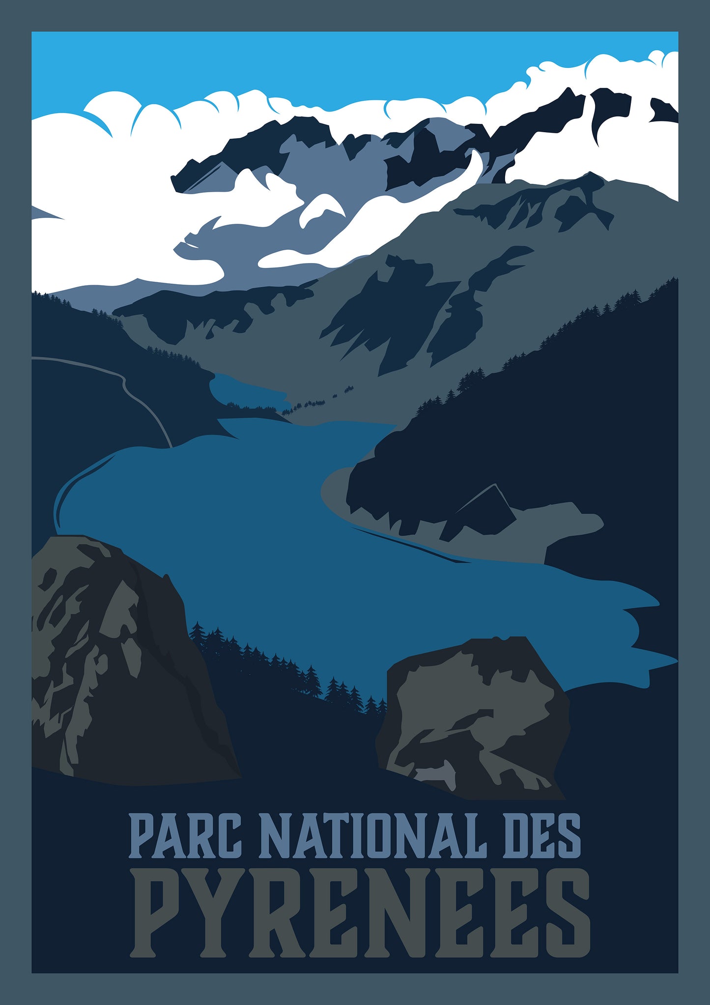 Visuel du poster Parc national des Pyrénées Sortie Longue ; affiche sommets enneigés, vallée et lac, style graphique vintage, cadeau randonneur Pyrénées.