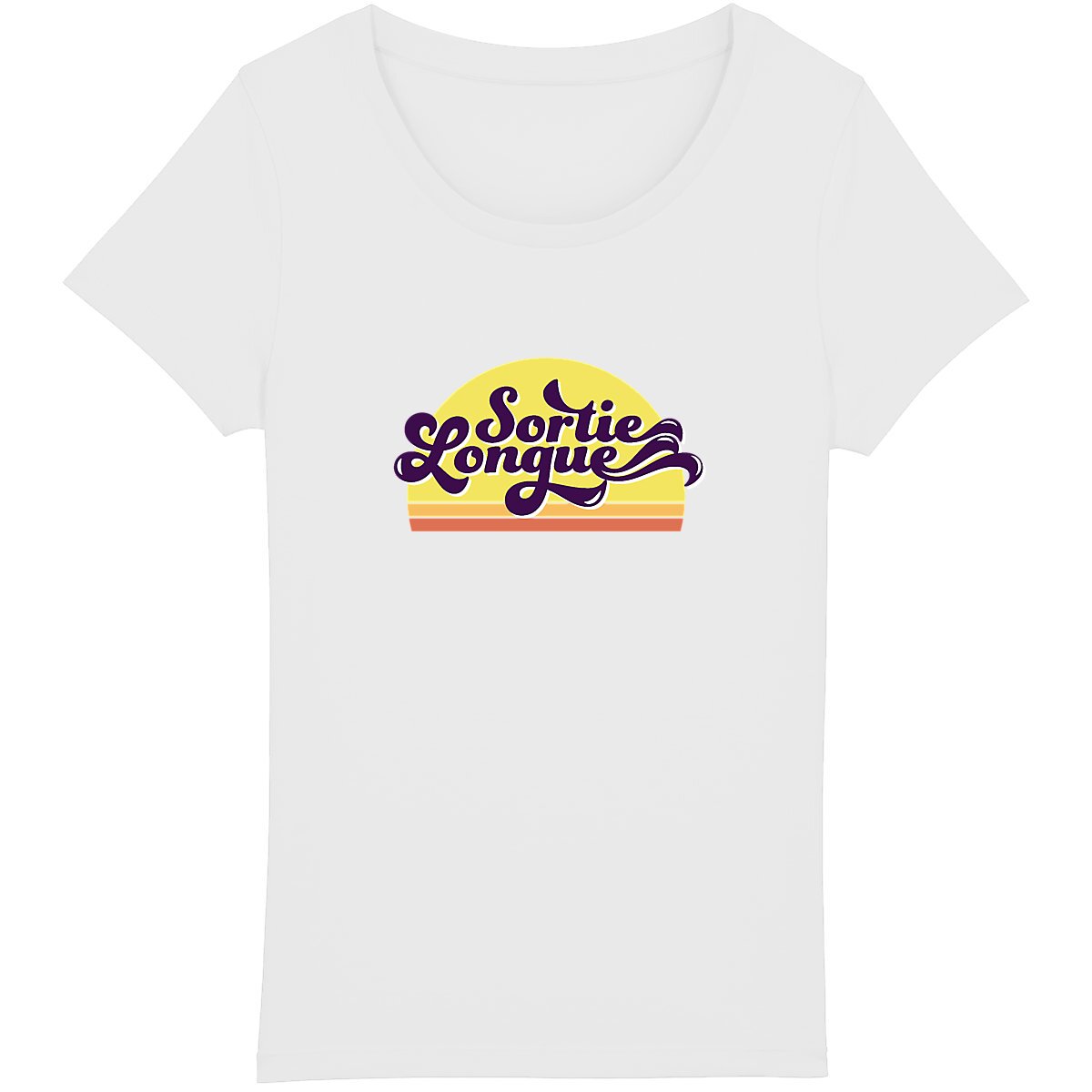 T-shirt vintage femme avec logo "Sortie Longue" et coucher de soleil