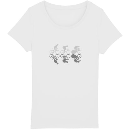 T-shirt cyclisme féminin avec trio de cyclistes dynamiques