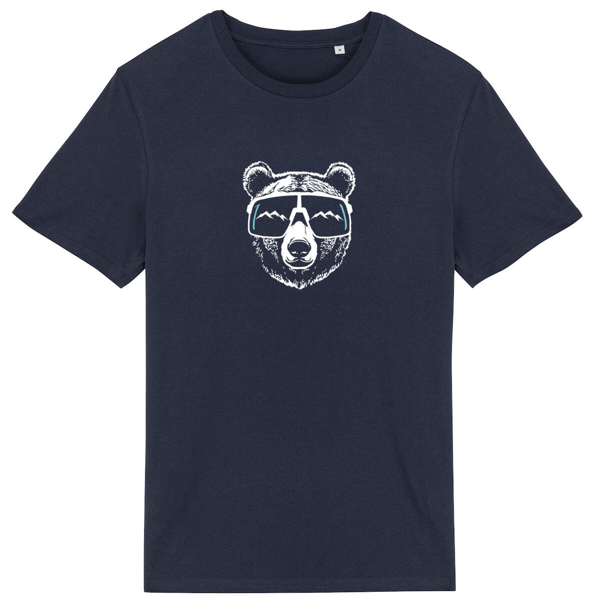 Design unique d'ours avec lunettes reflétant les montagnes sur t-shirt