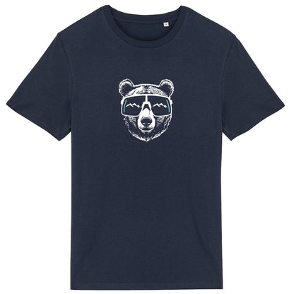 Design unique d'ours avec lunettes reflétant les montagnes sur t-shirt
