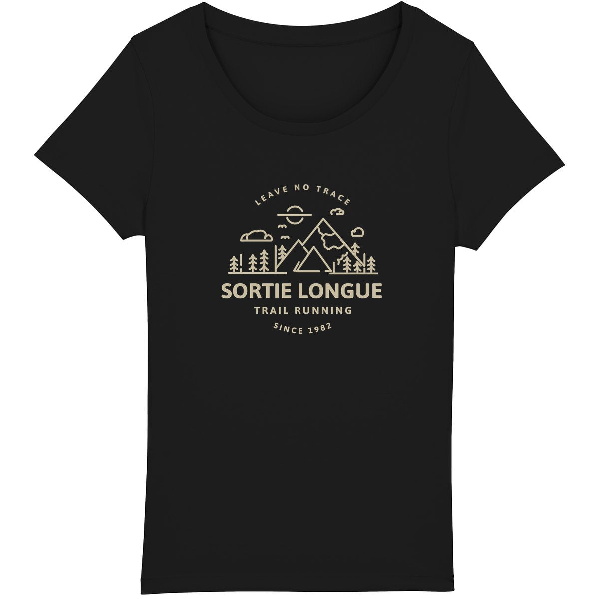 T-shirt bio femme avec design de forêt et montagnes épuré