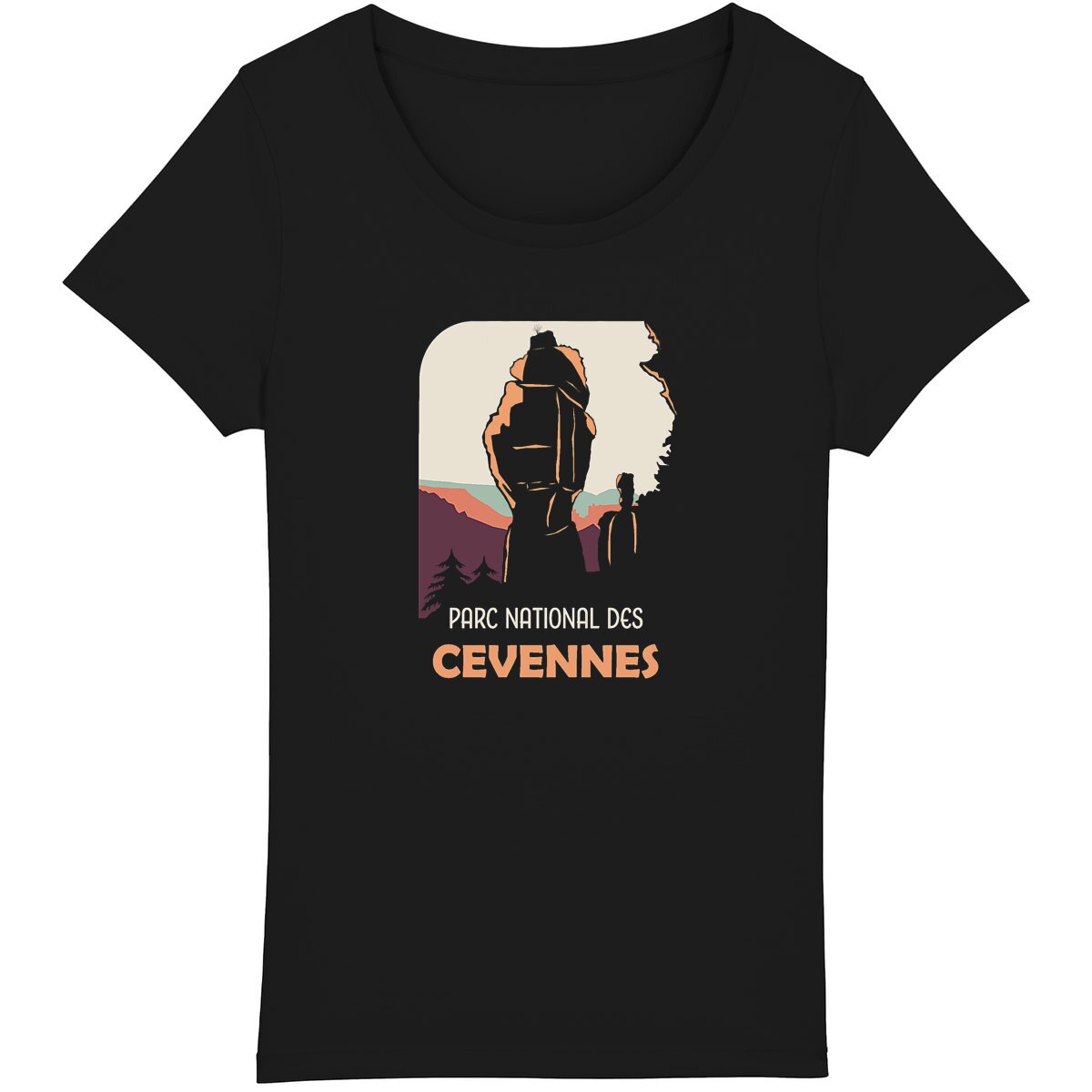 T-shirt bio féminin avec paysage des Cévennes et Les Vases