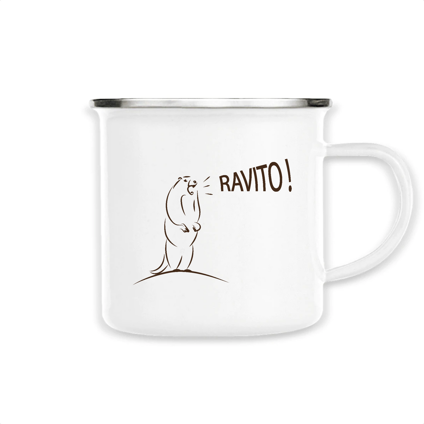 Mug métal émaillé Sortie Longue blanc, vue produit, illustration d’une marmotte criant « Ravito ! », référence aux ravitaillements en trail et aux cris de marmottes en montagne.