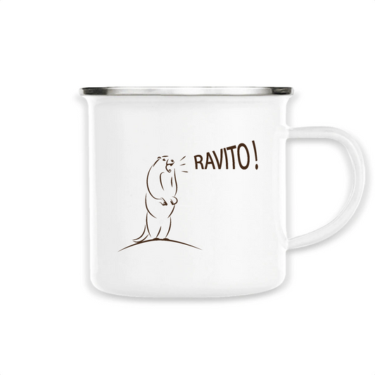 Mug métal émaillé Sortie Longue blanc, vue produit, illustration d’une marmotte criant « Ravito ! », référence aux ravitaillements en trail et aux cris de marmottes en montagne.